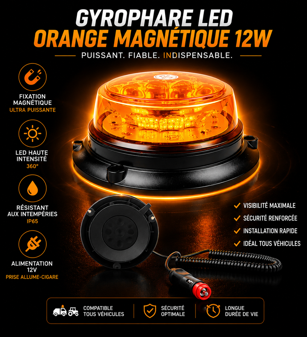 Gyrophare LED Orange Magnétique 12W