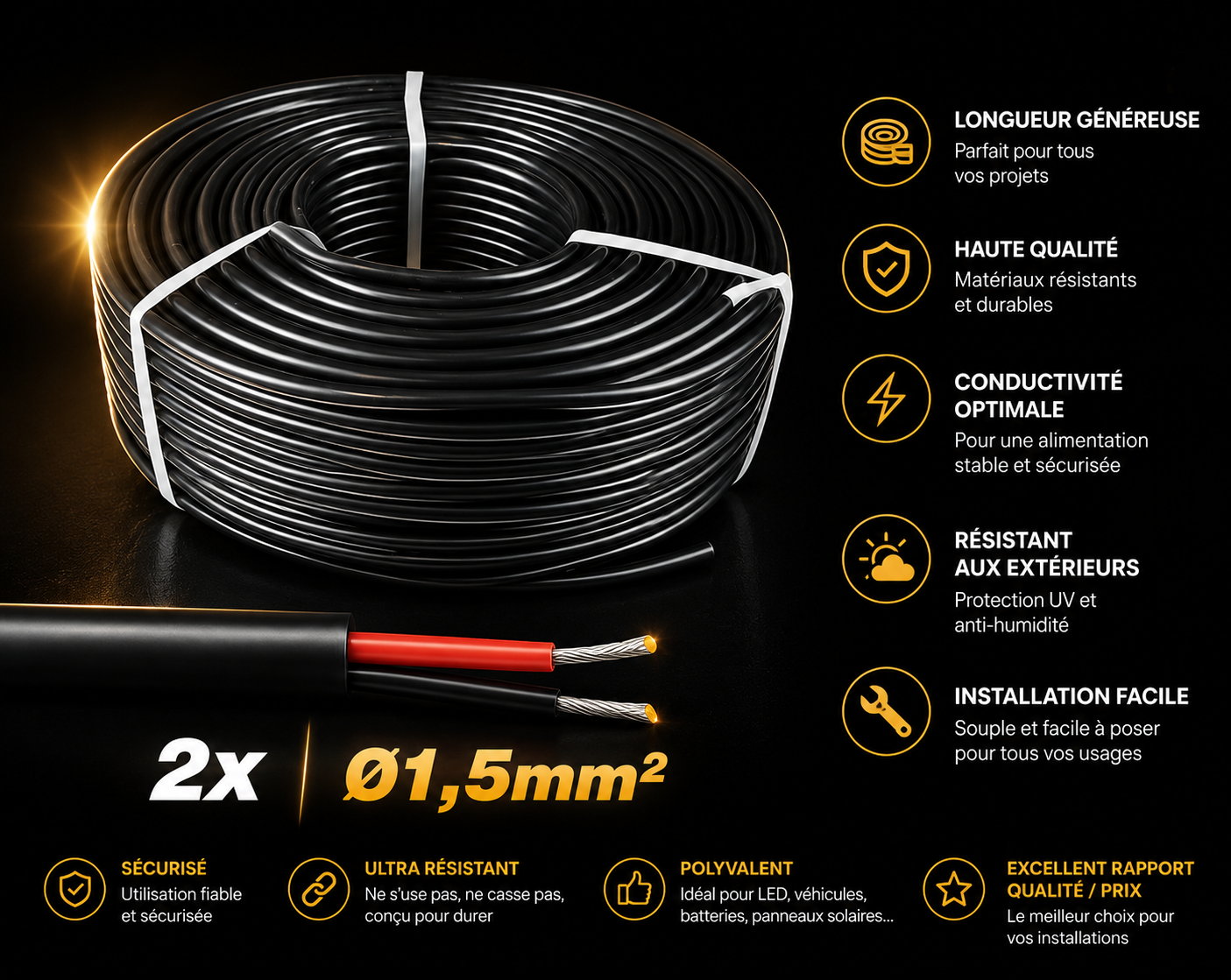 Câble Électrique 2x1,5mm² — Souple, Résistant UV, Haute Conductivité