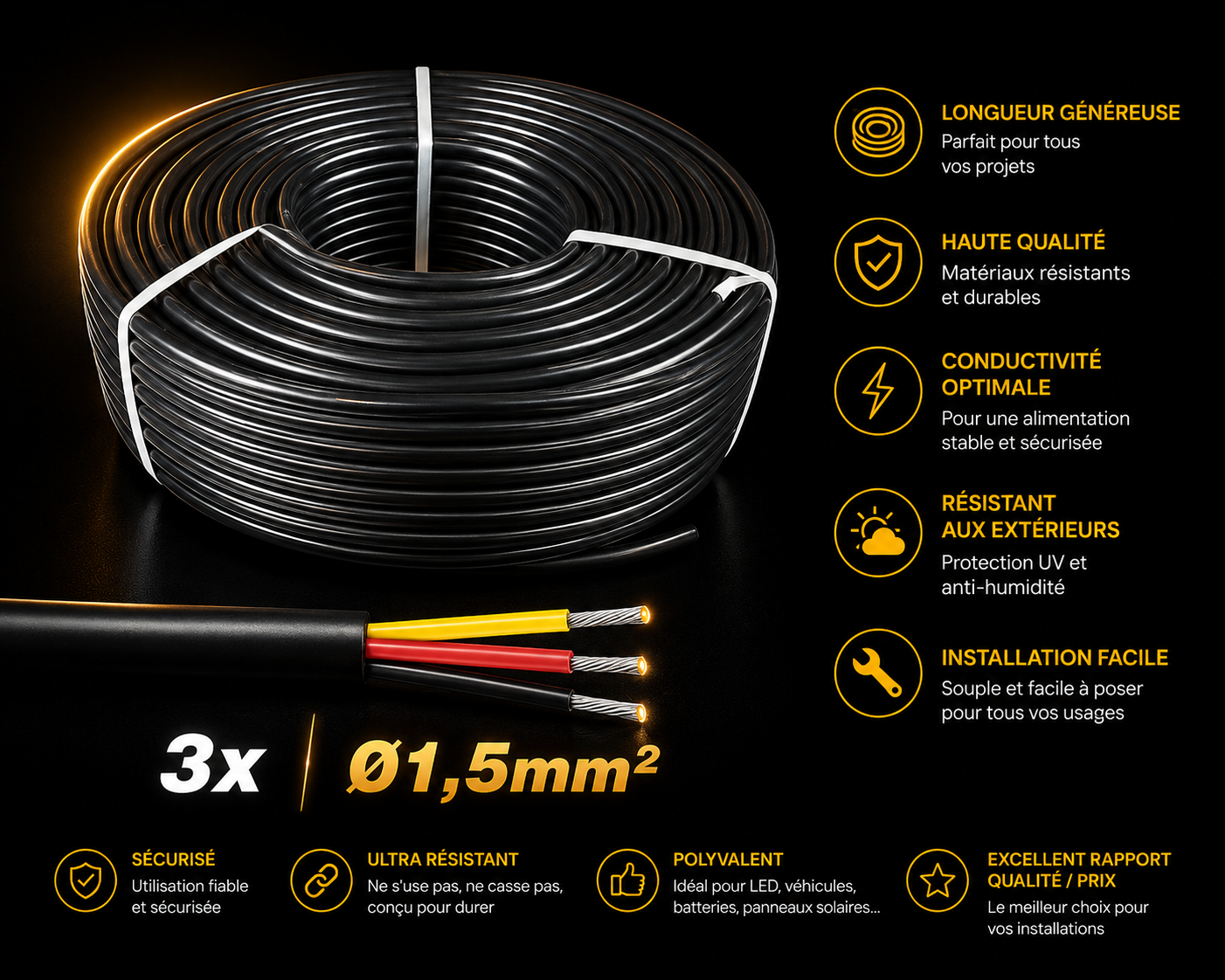 Câble Électrique 3x1,5mm² — Souple, Résistant UV, Haute Conductivité