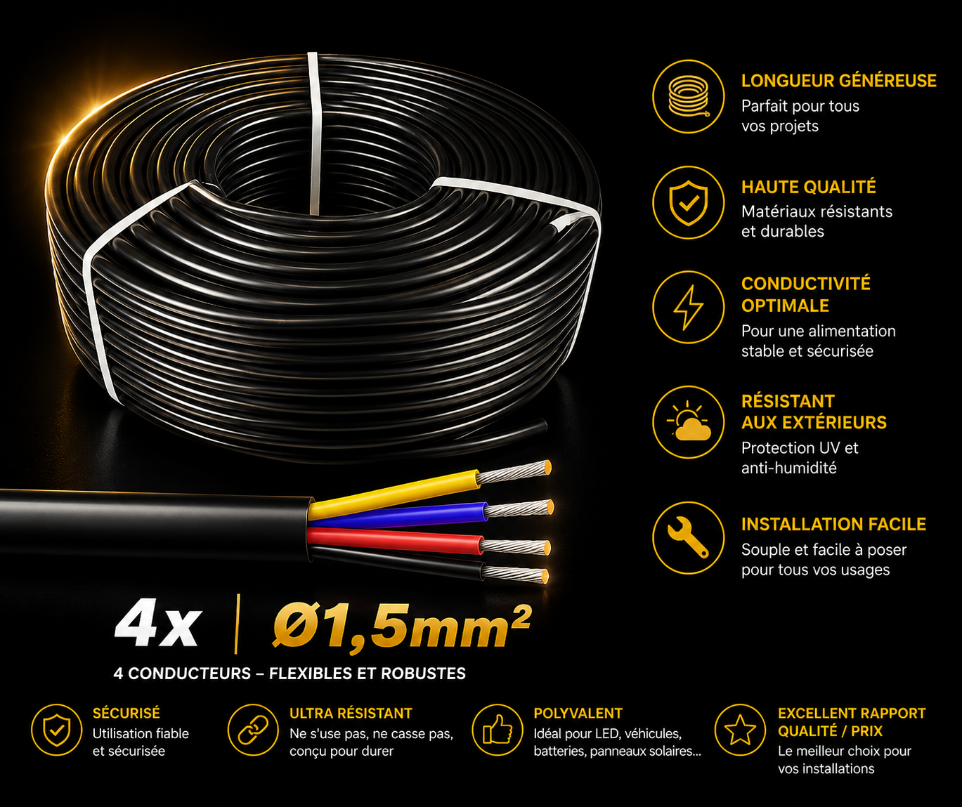 Câble Électrique 4x1,5mm² — 4 Conducteurs, Souple, Résistant UV