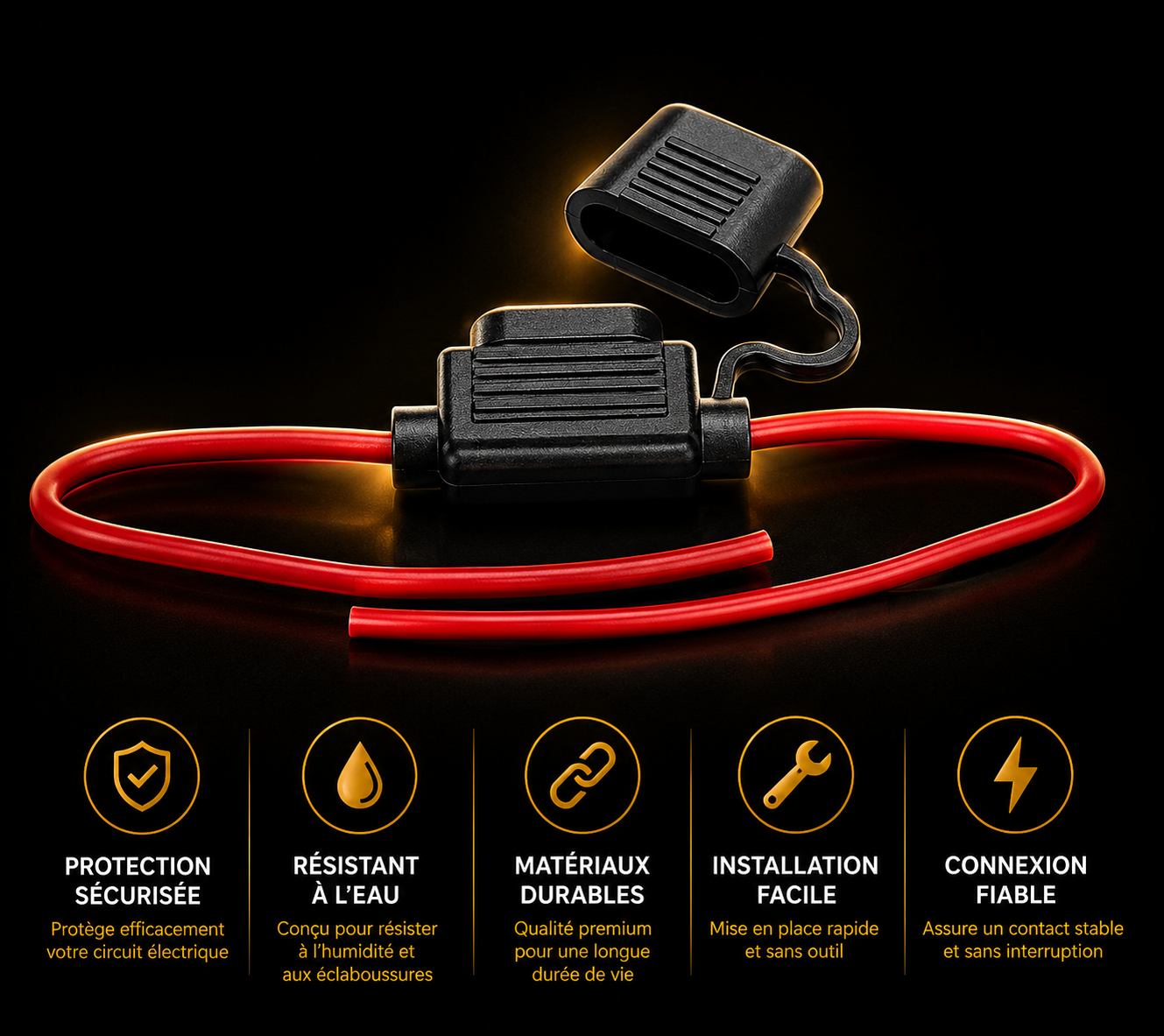 Porte-Fusible Étanche avec Câble Rouge — Protection Sécurisée 12V/24V