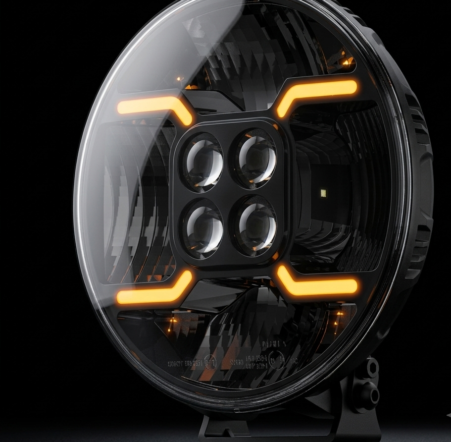 Phare LED Rond Premium 6 LEDs - Signature X Ambre - Boîtier Noir